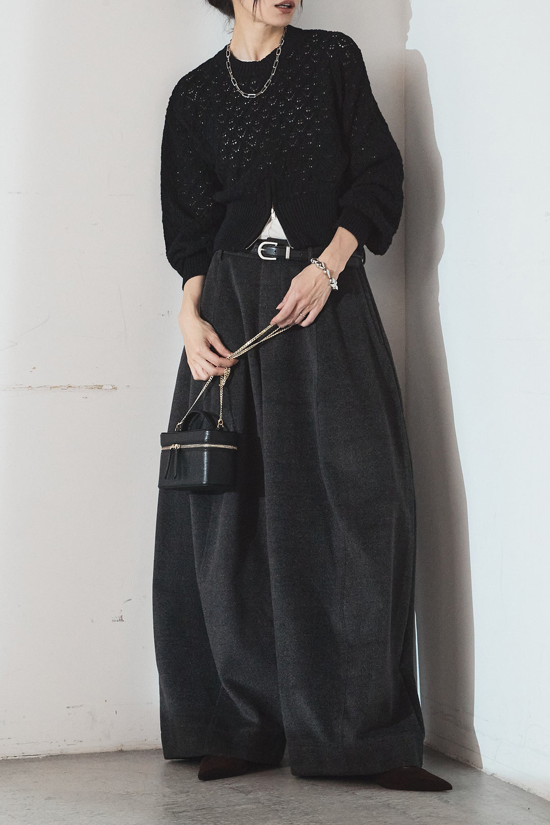 [SET]透かし編みニットジップスリットプルオーバー+ウールタッチカーブワイドパンツ(2set)