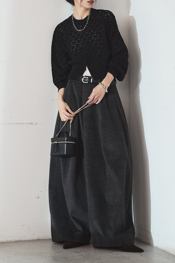[SET]透かし編みニットジップスリットプルオーバー+ウールタッチカーブワイドパンツ(2set)