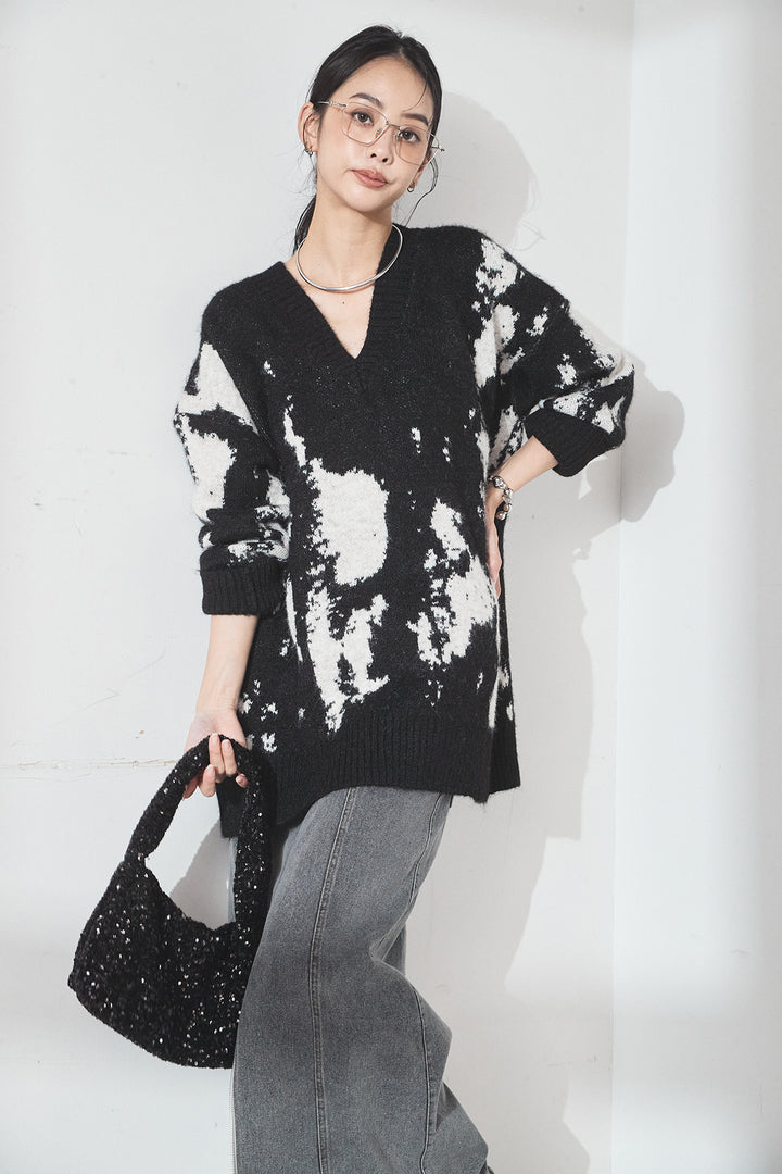 [SET]アブストラクト柄ニットプルオーバー+フロントジップデニムスカート(2set)