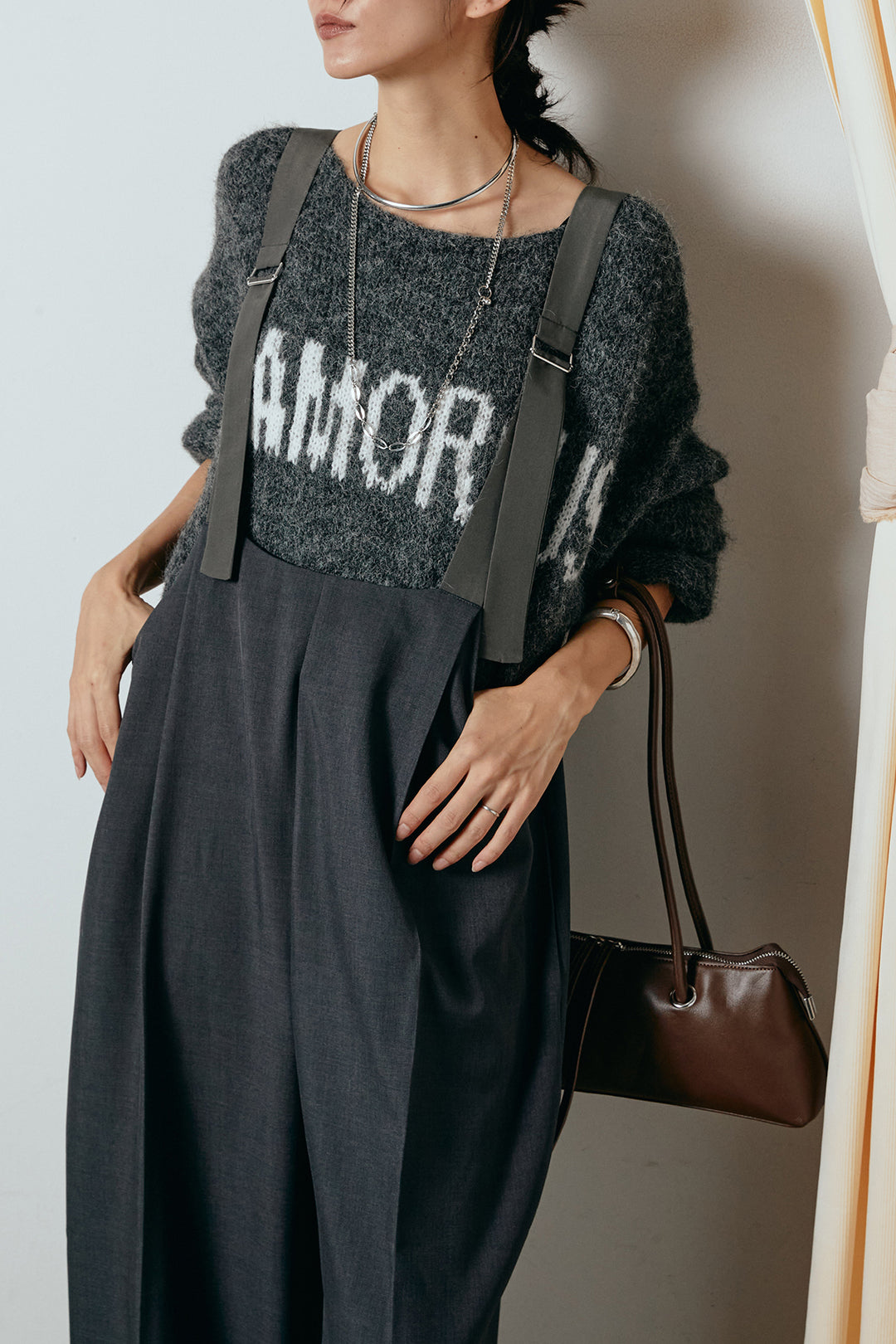 [SET]フロントロゴデザインニットトップス+ワイドツイルサロペット(2set)