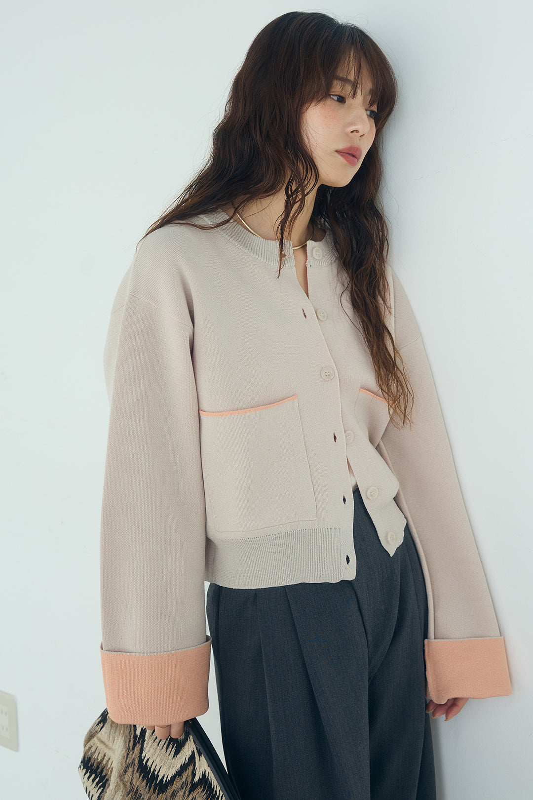 [SET]レーヨンポリダブルフェイスカーディガン+サイドベルトタック入りスラックス(2set)