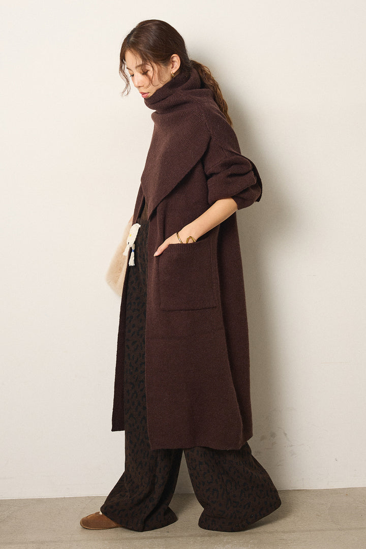 [SET]ケープレイヤードロングカーディガン+レオパードジャガードニットパンツ(2set)