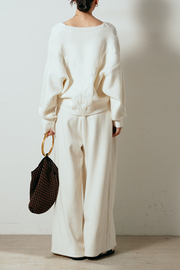 [SET]ケーブルカシュクールニットトップス+フェイクレザー太ベルト付きタックワイドパンツ(2set)