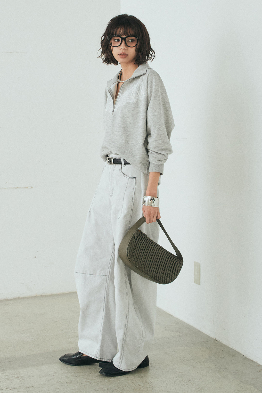 [SET]リバーレースハーフジップ裏毛スウェット+ツイル配色ステッチバレルパンツ(2set)