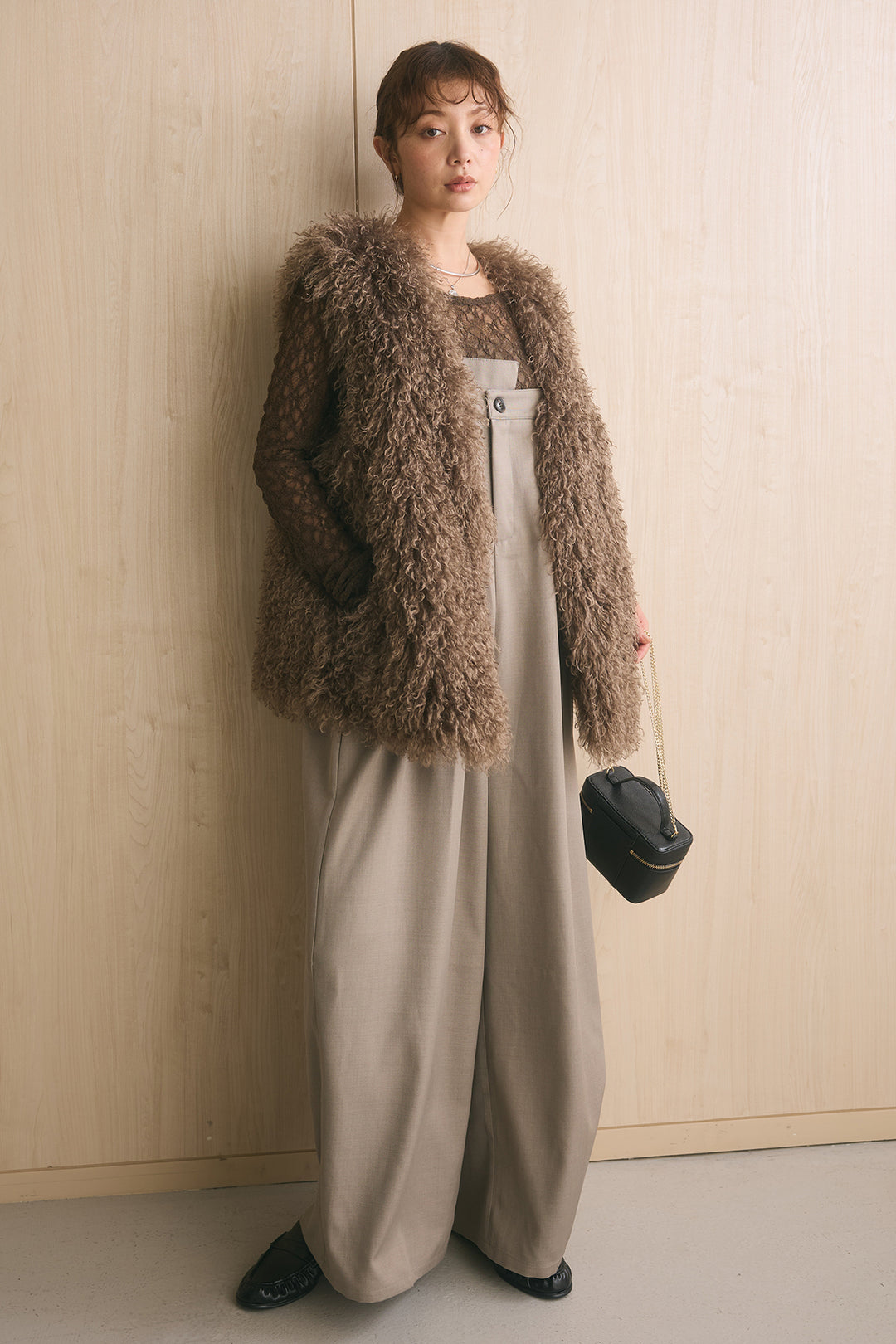 [SET]ロングシャギーファーベスト+ツイルアシメサロペット(2set)