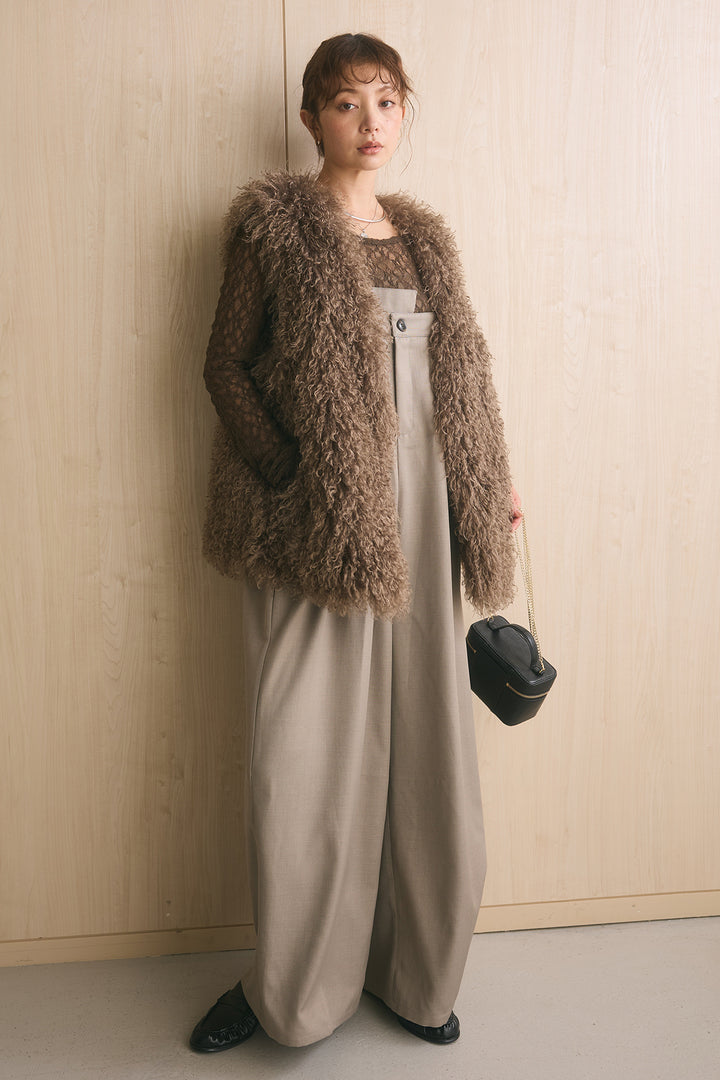 [SET]ロングシャギーファーベスト+ツイルアシメサロペット(2set)