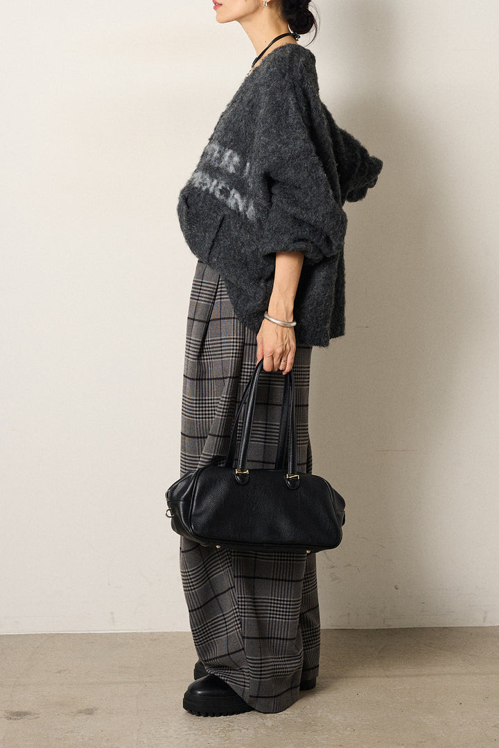 [SET]ウール混透かしロゴニットカーディガン+グレンチェックルーズタックパンツ(2set)