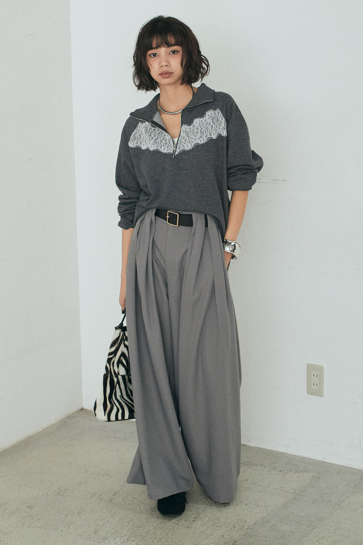 [SET]リバーレースハーフジップ裏毛スウェット+ベルト付きタックデザインハイウエストロングパンツ(2set)