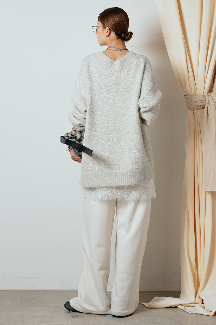 [SET]Vネックルーズラメニットトップス+レース切り替えキャミソール(2set)