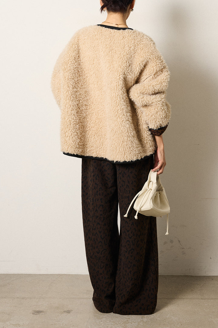 [SET]ノーカラー裏地レオパードボアアウター+レオパードジャガードニットパンツ(2set)