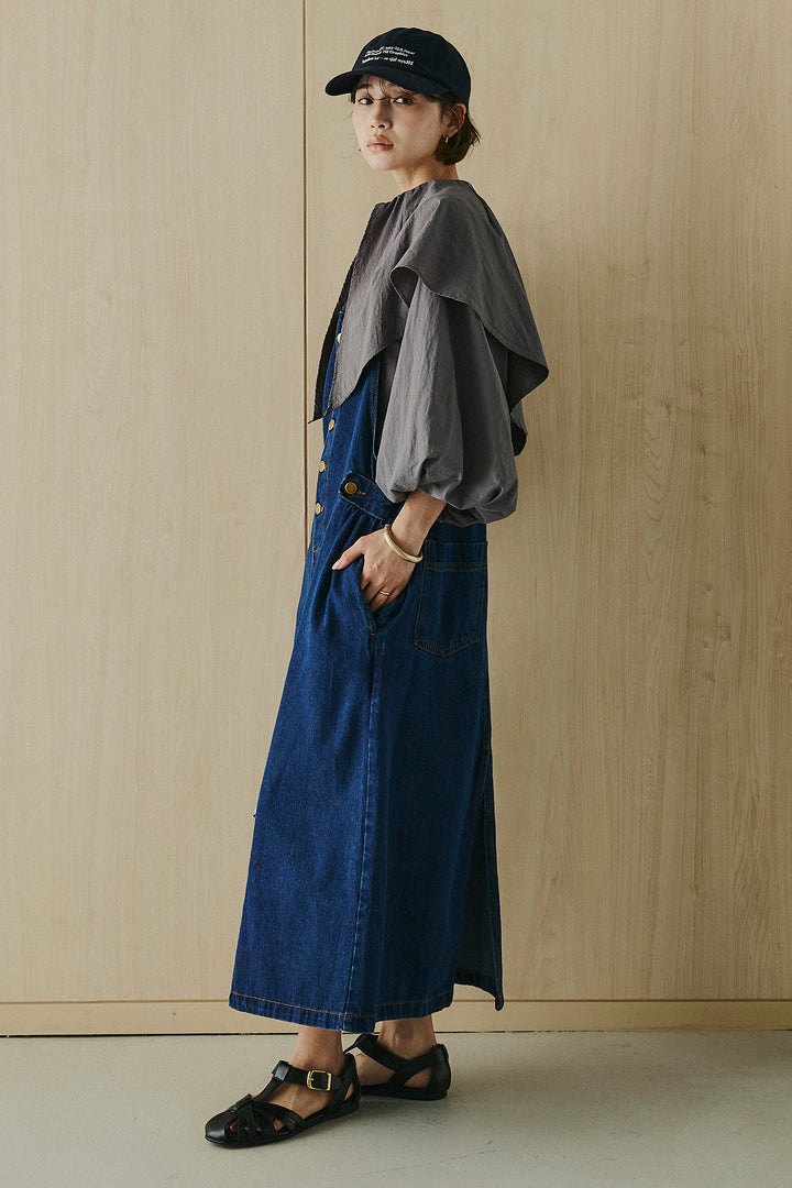 [SET]ケープカラーナイロンブラウス+配色ショルダーデニムサロペットスカート(2set)