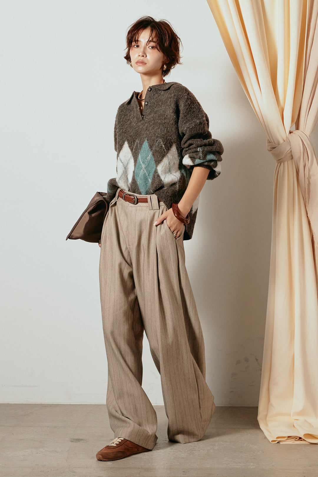 [SET]アーガイル柄ポロニットトップス+ストライプヘリンボーンパンツ(2set)