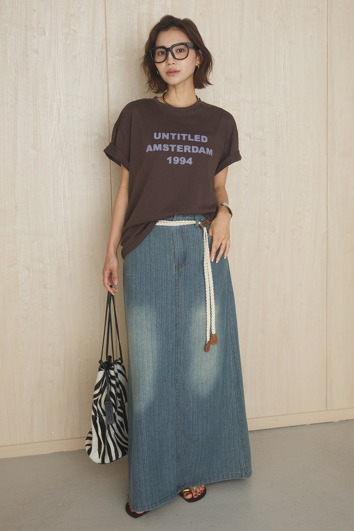 [SET]英字フロントロゴプリントTシャツ+ベルト付きデニムタイトスカート(2set)