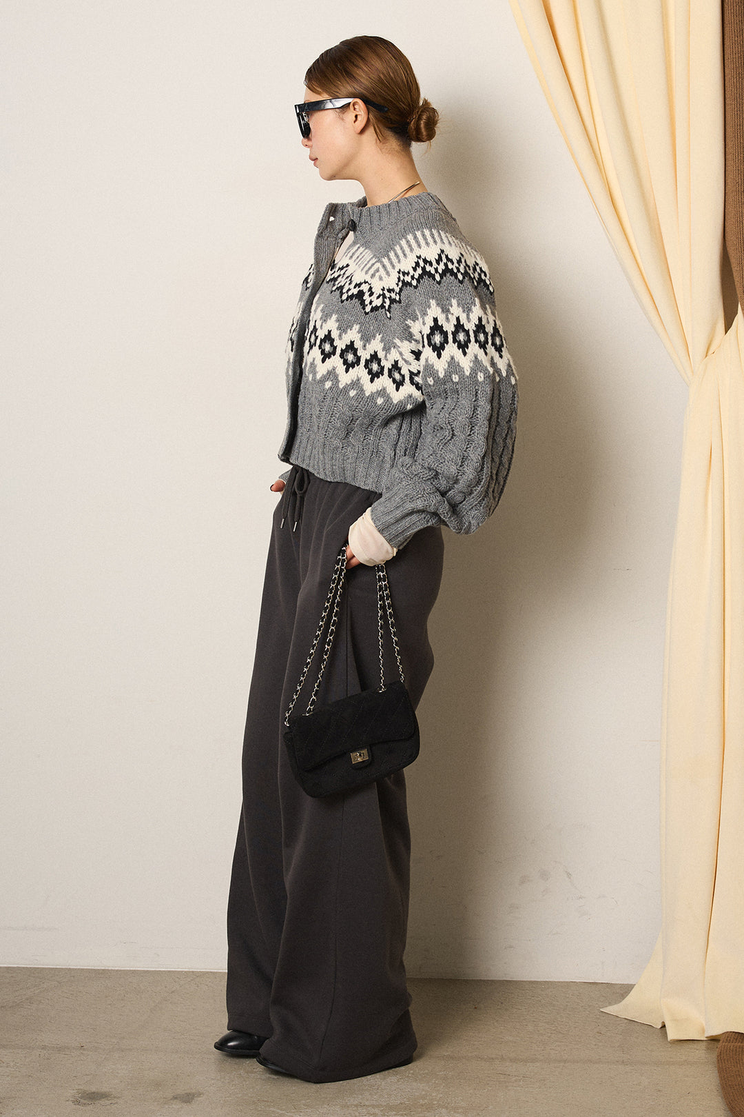 [SET]2WAY求心柄ジャガードショートカーディガン+裏起毛スウェットワイドパンツ(2set)