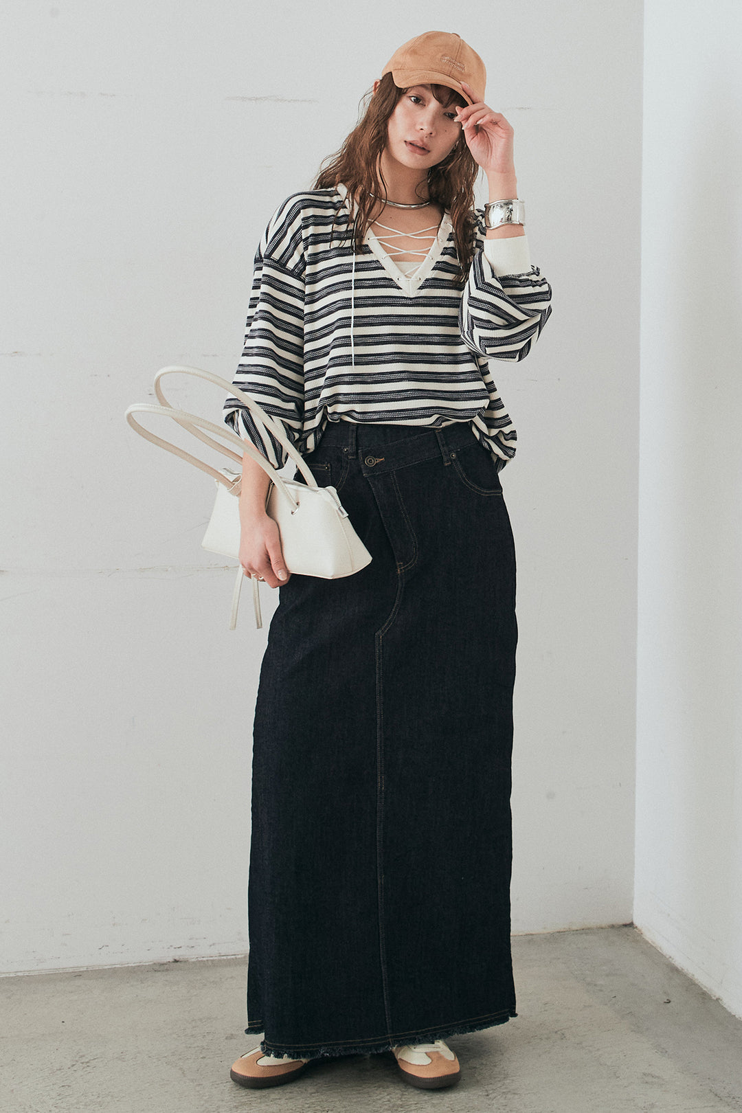 [SET]レースアップワッフルボーダートップス+ウエストクロスデニムタイトスカート(2set)