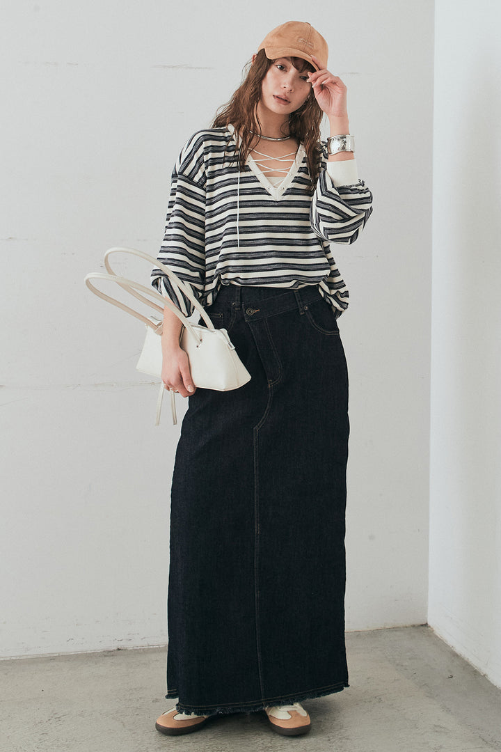 [SET]レースアップワッフルボーダートップス+ウエストクロスデニムタイトスカート(2set)