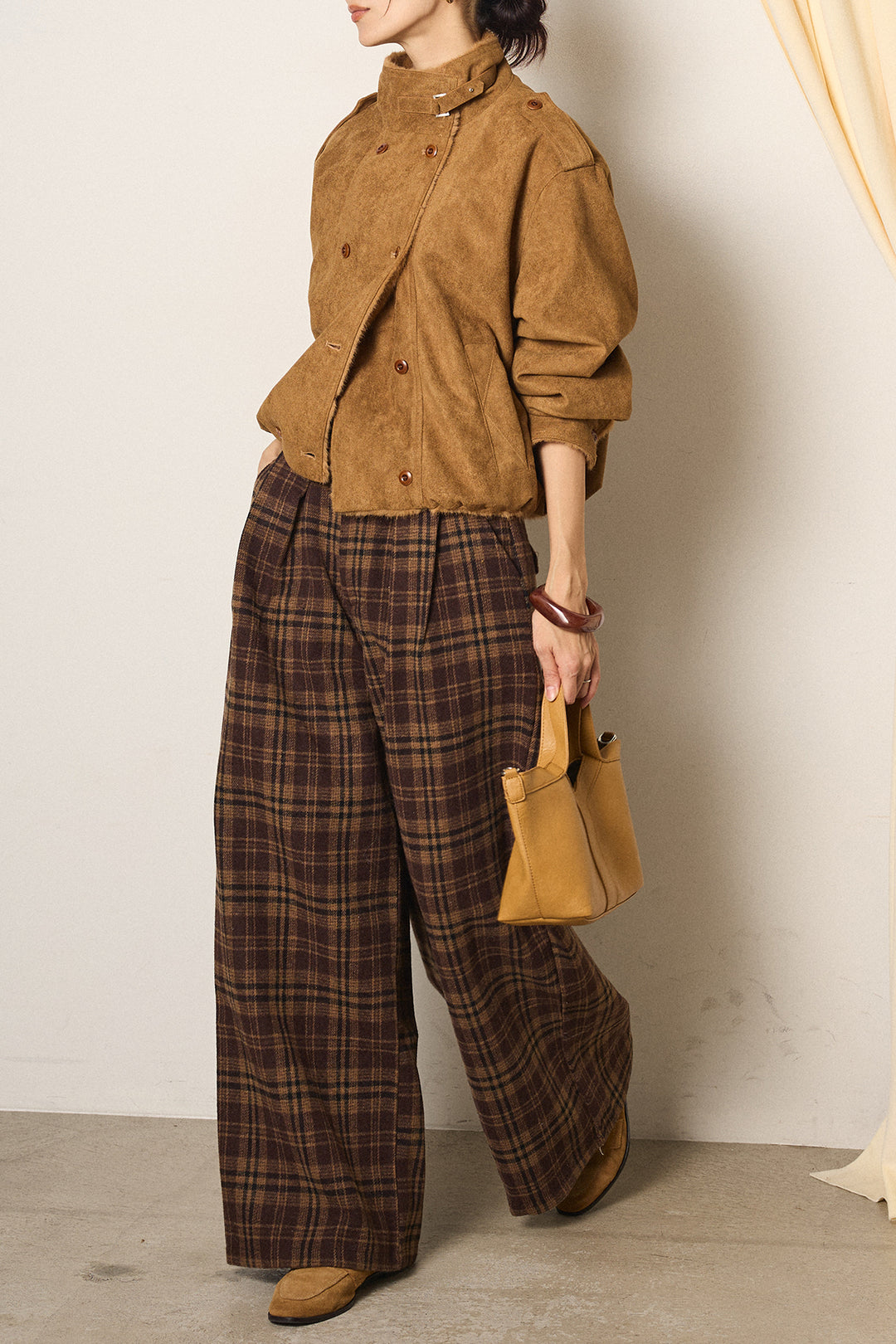 [SET]スタンド襟スウェードライクアウター+スタッズデザインベルトタータンチェックパンツ(2set)