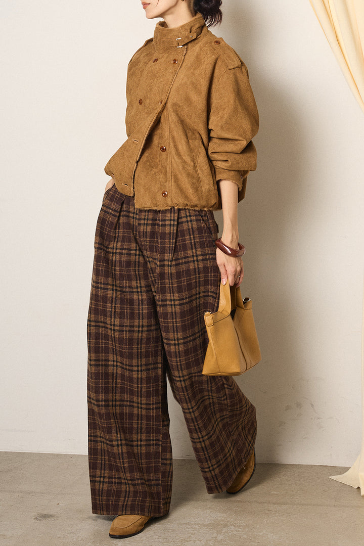 [SET]スタンド襟スウェードライクアウター+スタッズデザインベルトタータンチェックパンツ(2set)