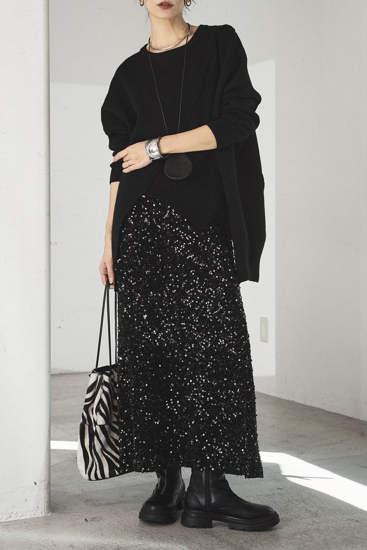 [SET]アシンメトリーデザインニットトップス+スパンコールニットワイドスカート(2set)