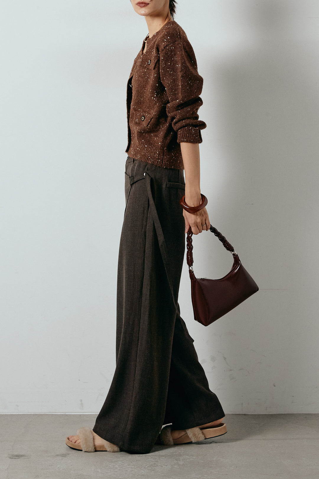 [SET]ネップニットカーディガン+ラップ巻きワイドスラックス(2set)