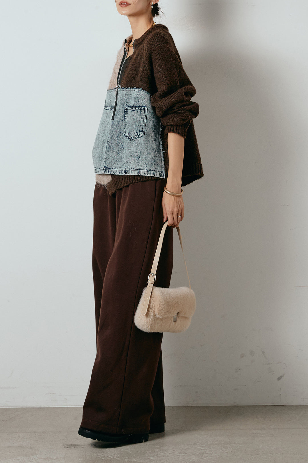 [SET]ハーフジップニットデニムドッキングトップス+裏起毛スウェットワイドパンツ(2set)