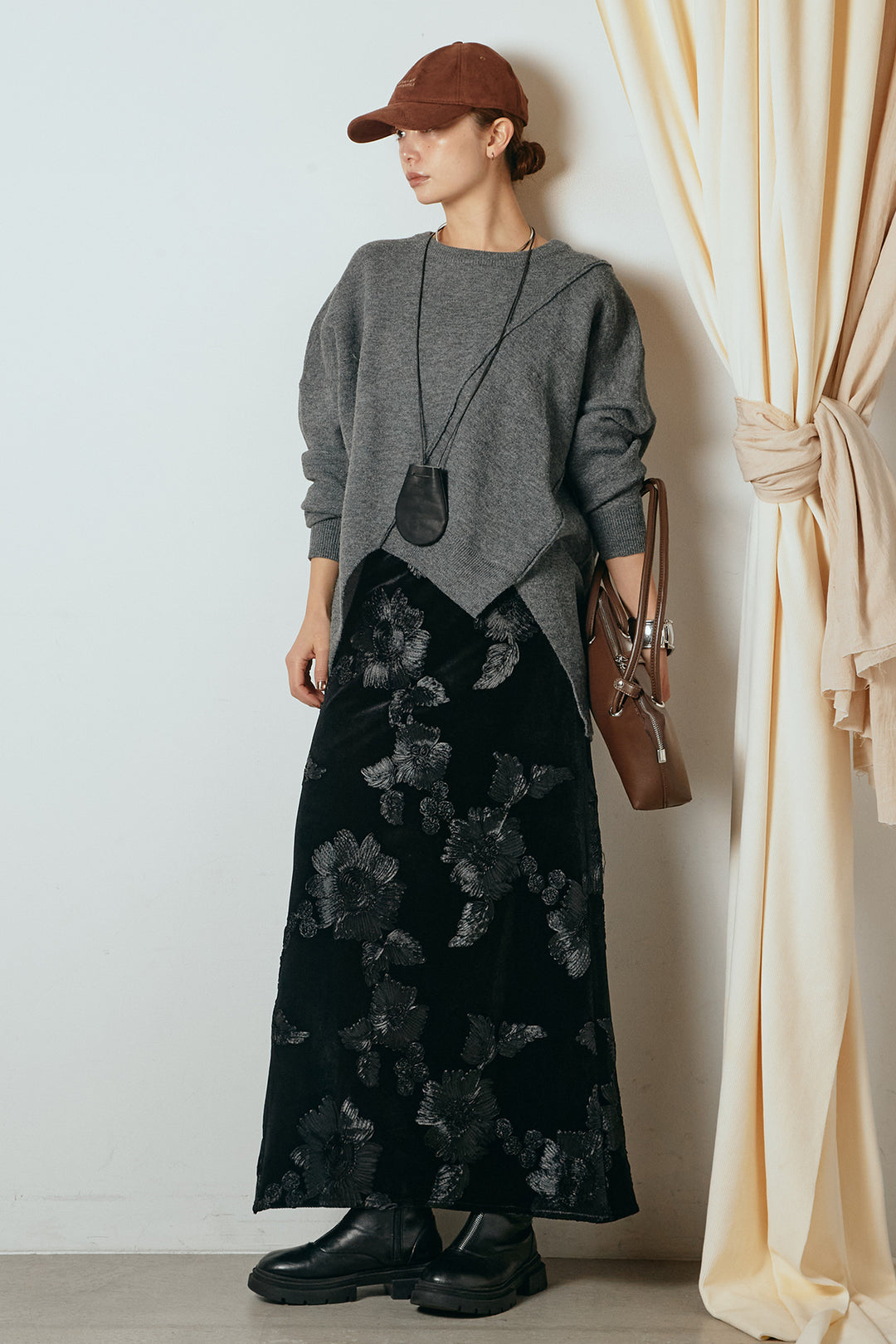 【着回しセット】[SET]アシンメトリーデザインニットトップス+センターラインニットパンツ+フラワー刺繍ワイドスカート(3set)