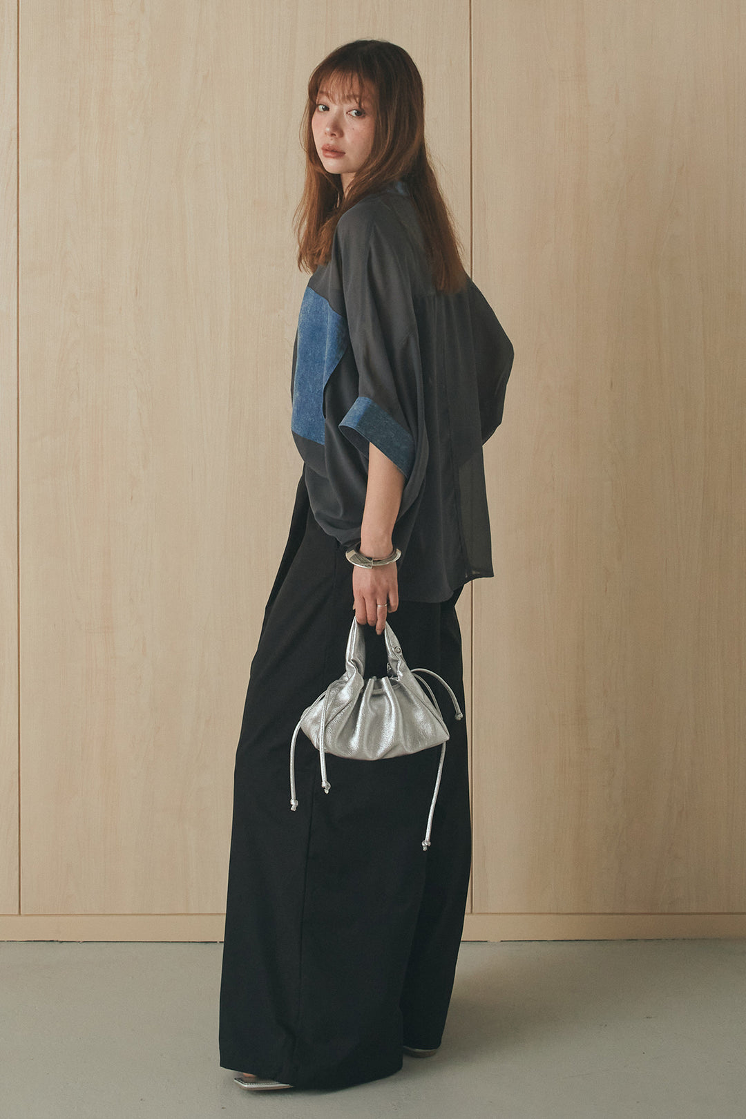 [SET]デニムライクビッグツーポケシアーシャツ+ベルトループデザインハイウエストタックパンツ(2set)