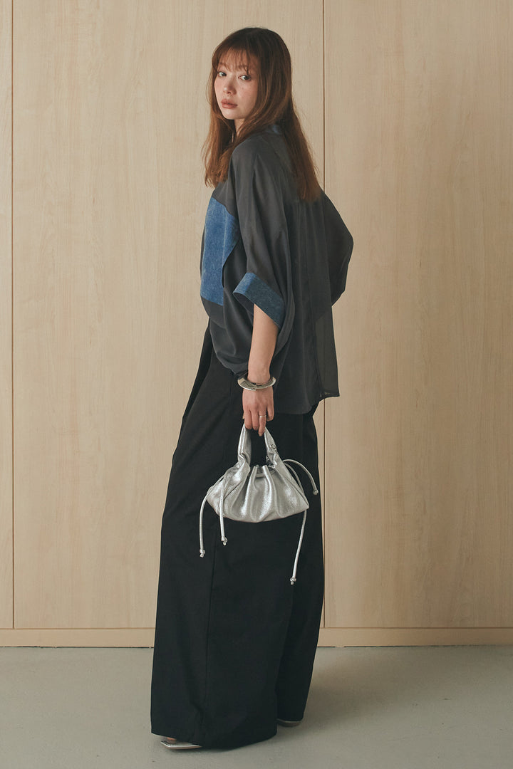 [SET]デニムライクビッグツーポケシアーシャツ+ベルトループデザインハイウエストタックパンツ(2set)