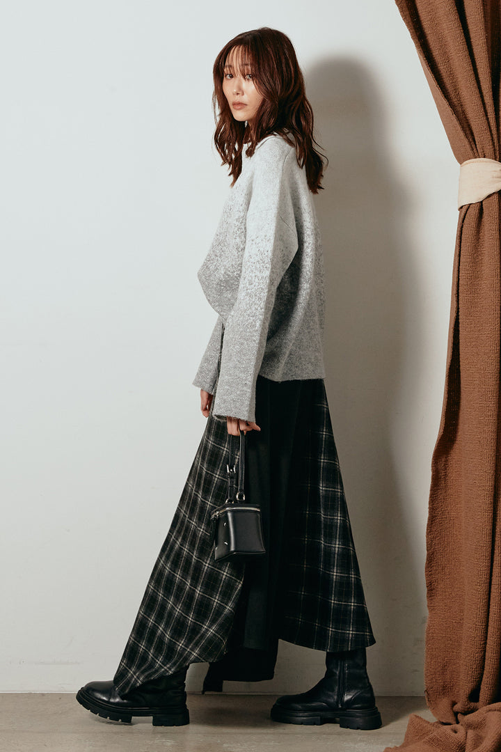 [SET]グラデーションラメニットキーネックプルオーバー+フェイクレザーベルト付き切り替えタータンチェックスカート(2set)