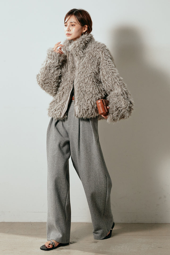 [SET]ミックスシープファースタンドブルゾン+フェイクウールタックトラウザーズパンツ(2set)