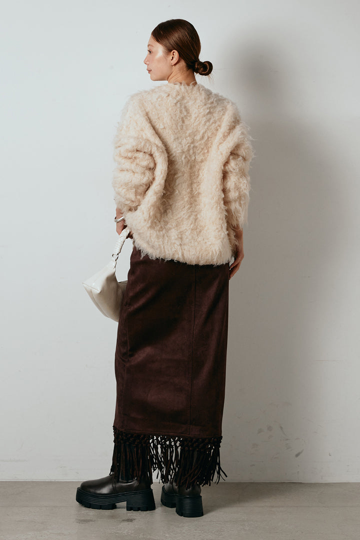 [SET]ルーズシャギーニットカーディガン+スウェードライク裾フリンジスカート(2set)