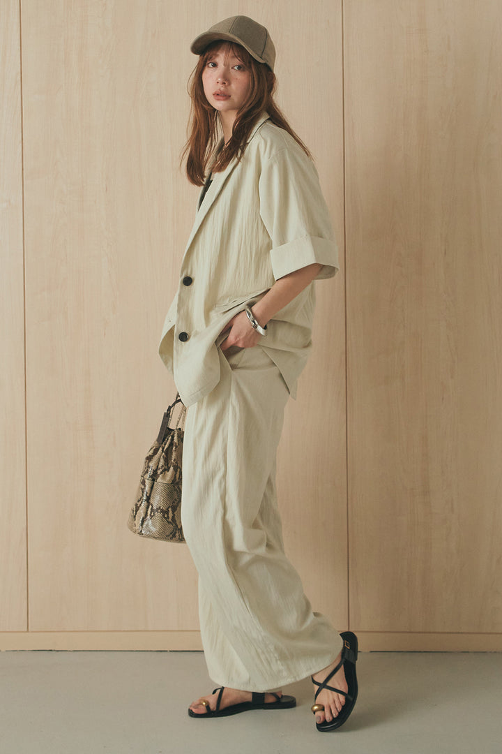 [SET]半袖モノトーングラフィックトップス+リネンライク2タックワイドパンツ(2set)