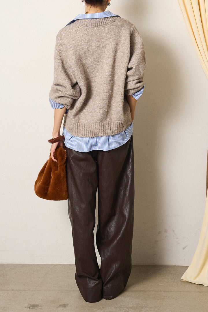 [SET]ストライプシャツドッキングニットポロトップス+ベルト付きレザーライクタックパンツ(2set)