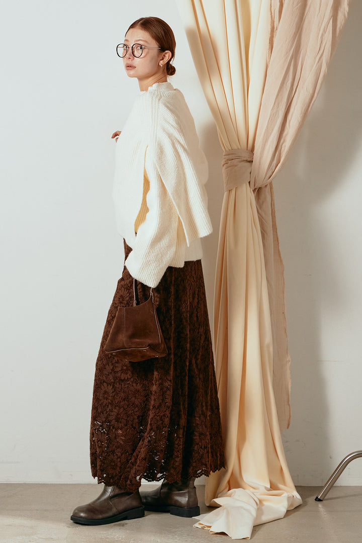 [SET]ケープデザインリブニットトップス+花柄刺繍ベロアフレアスカート(2set)