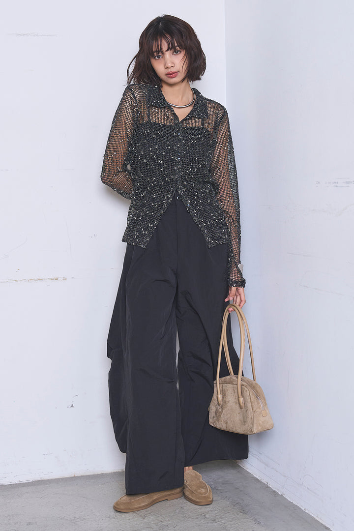 [SET]ネップメッシュポロ襟カーディガン+ドライタフタタックバレルパンツ(2set)