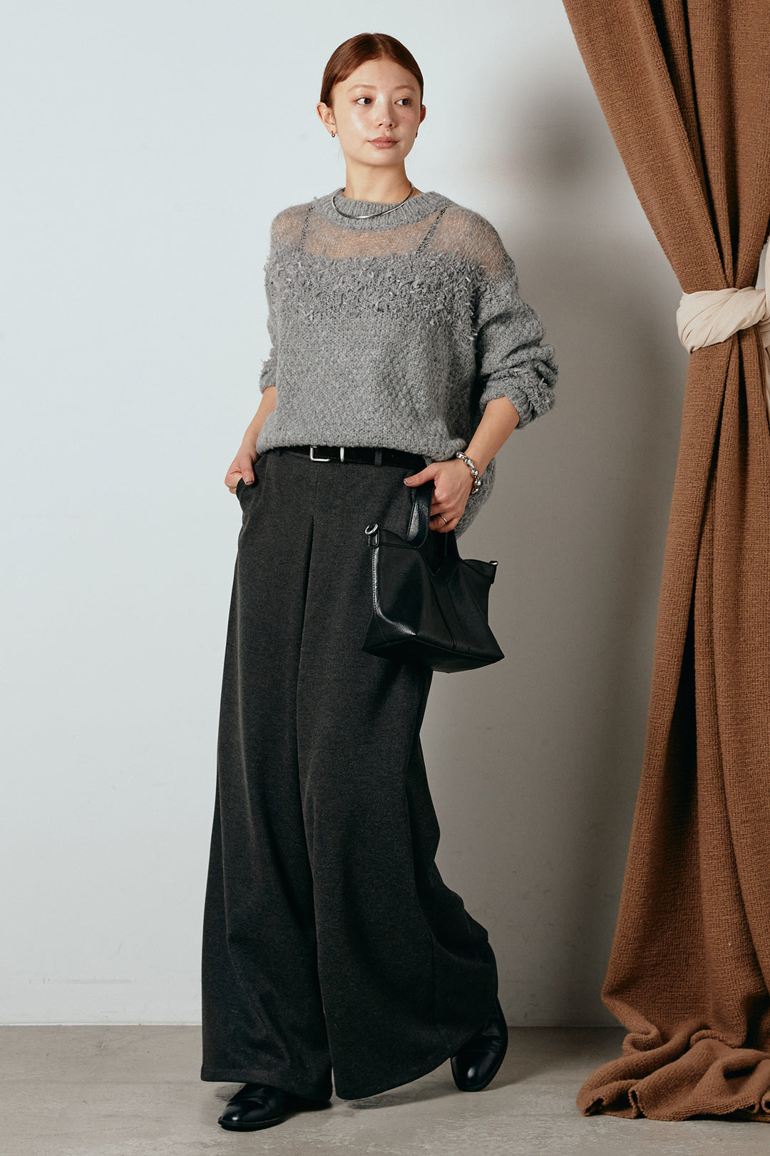 [SET]パターンランダム編みニットトップス+ベルト付きフロントタックデザインパンツ(2set)