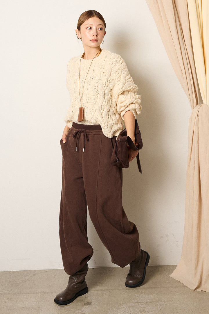 [SET]ケーブルリラックスショートニット+スウェットワイドカーブパンツ(2set)