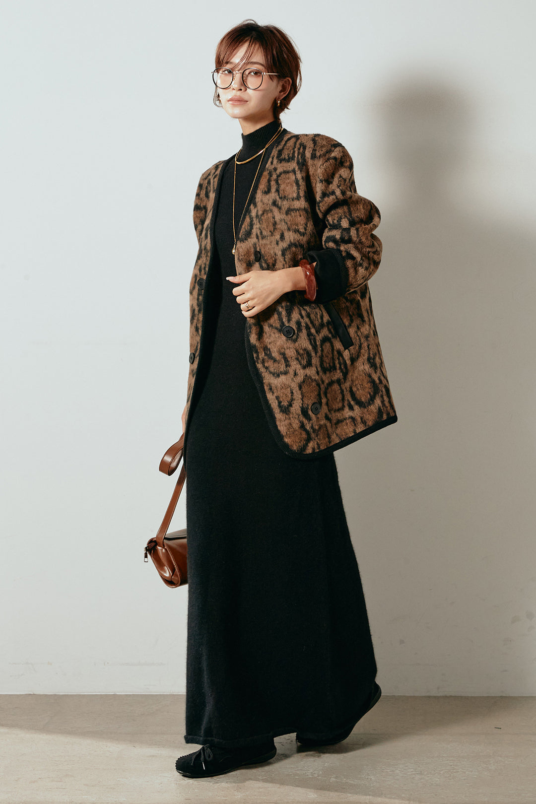 [SET]ノーカラーレオパード柄アウター+ノースリーブニットロングワンピース(2set)