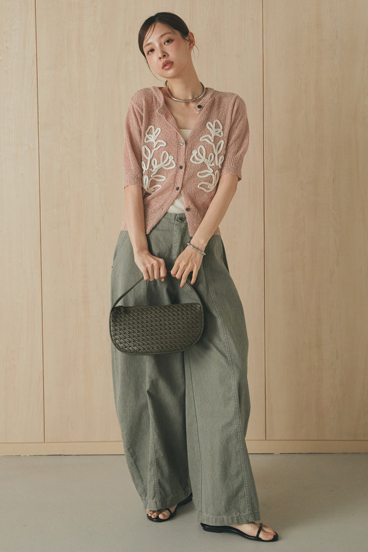 [SET]フロントテープデザイン半袖カーディガン+サイドベルトカーブワイドパンツ(2set)