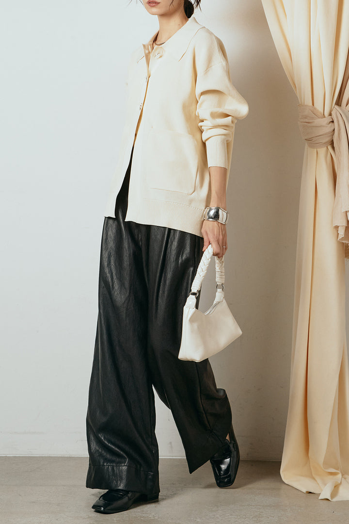 [SET]メタル釦衿付きニットカーディガン+ベルト付きレザーライクタックパンツ(2set)