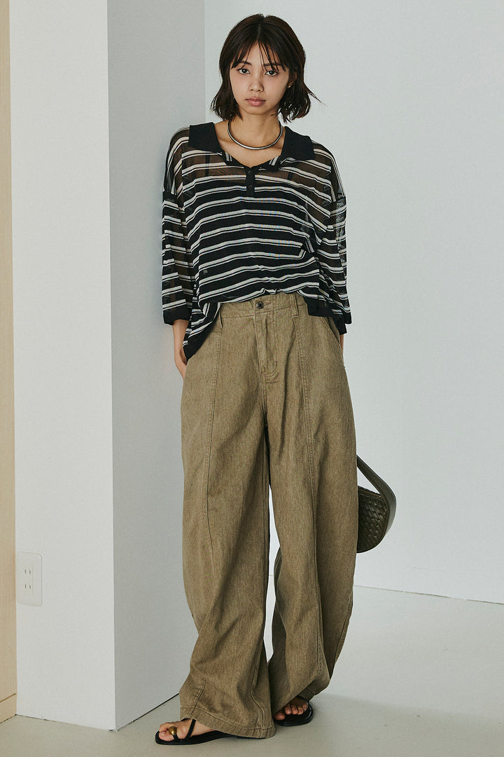 [SET]ボーダーニットポロシャツ+サイドベルトカーブワイドパンツ(2set)