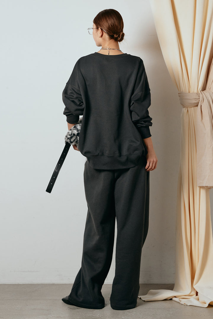 [SET]裏毛カレッジプリントプルオーバー+裏起毛スウェットワイドパンツ+カップ付きレースドッキングキャミソール(3set)