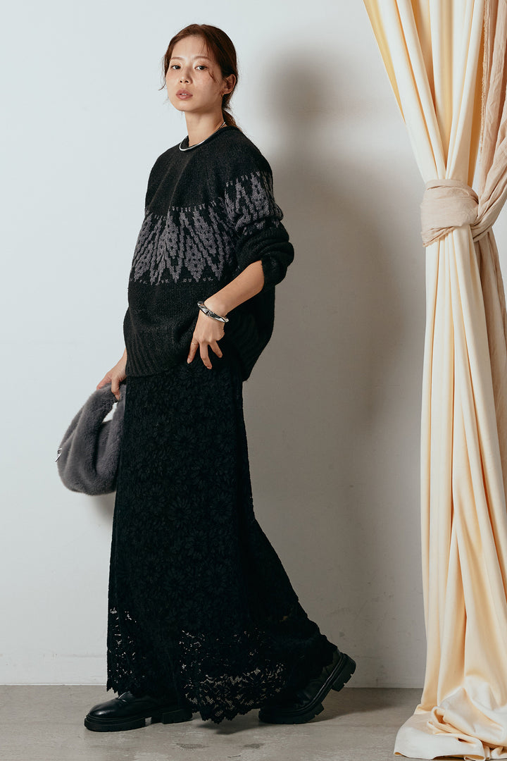 [SET]モノトーン柄ニットトップス+花柄刺繍ベロアフレアスカート(2set)