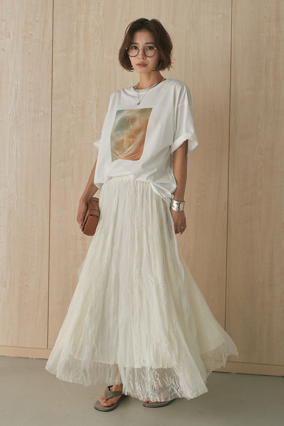 [SET]MarbleプリントTシャツ+レースコンビワッシャーギャザースカート(2set)