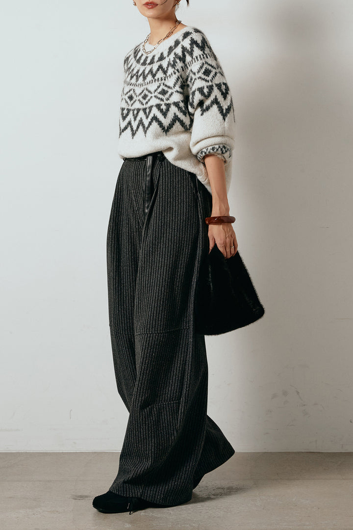 [SET]ノルディック柄Uネックプルオーバー+レザーライク配色ストライプパンツ(2set)