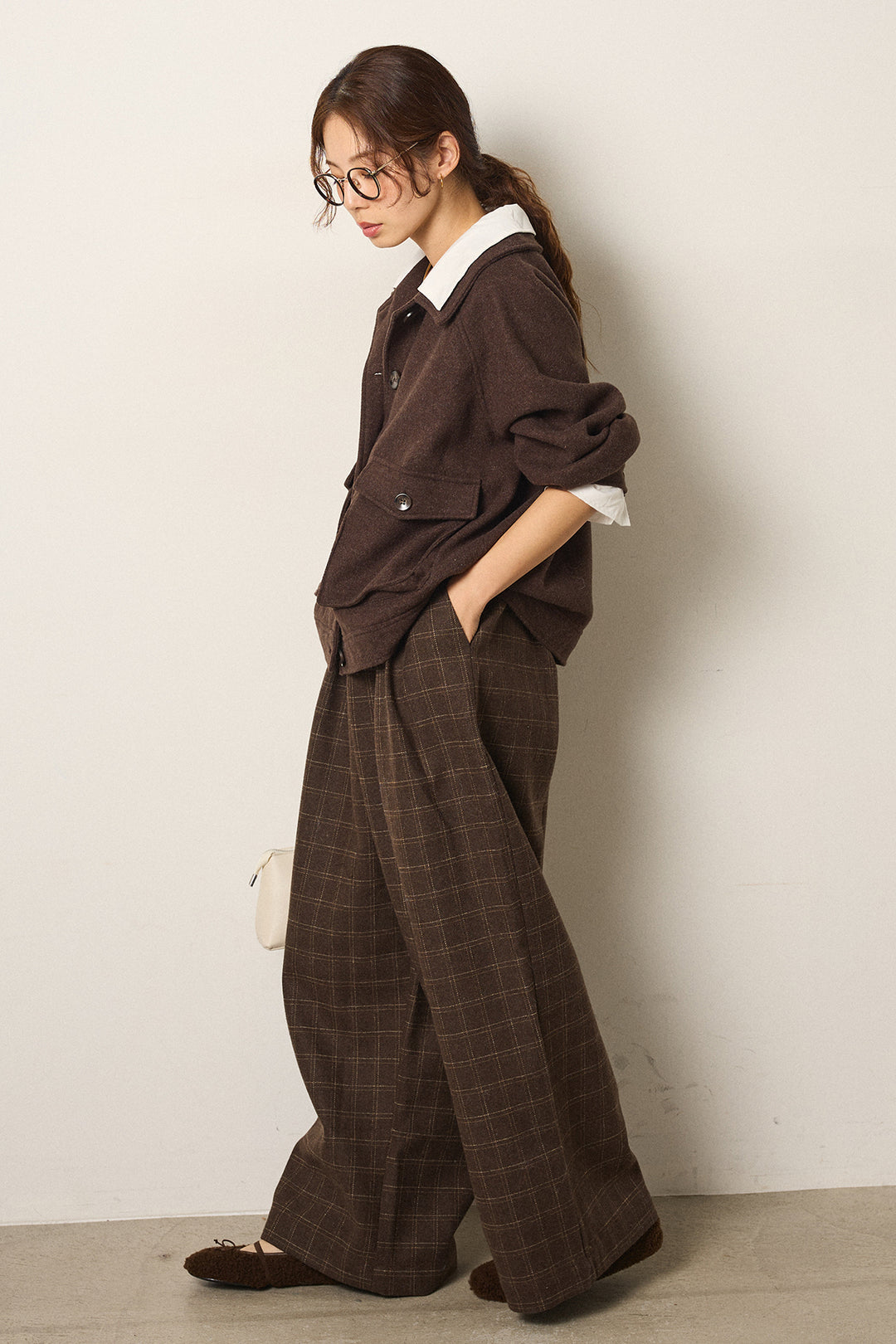 [SET]衿レイヤードフェイクウールジャケット+ウールライクチェックタックパンツ(2set)