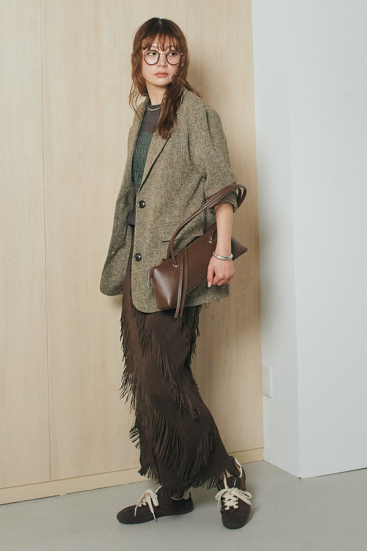 [SET]半袖TIMEロゴカットソー+斜めフリンジデザインスカート(2set)