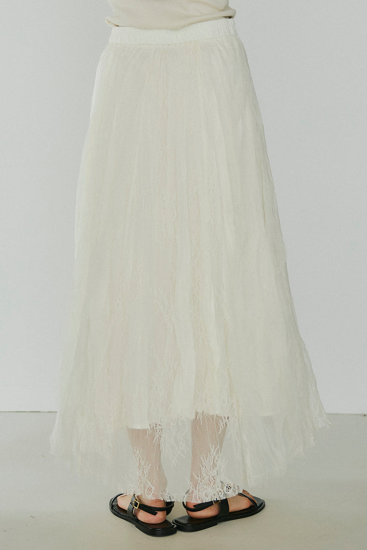 [SET]レースロゴ刺繍Tシャツ+レースコンビワッシャーギャザースカート(2set)