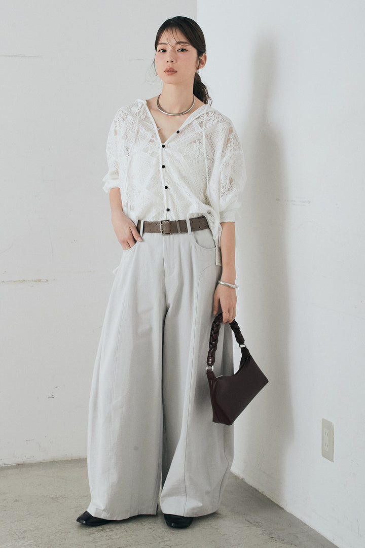 [SET]ブロックレースフード付きブラウス+ベルト付きサイドタックワイドパンツ(2set)