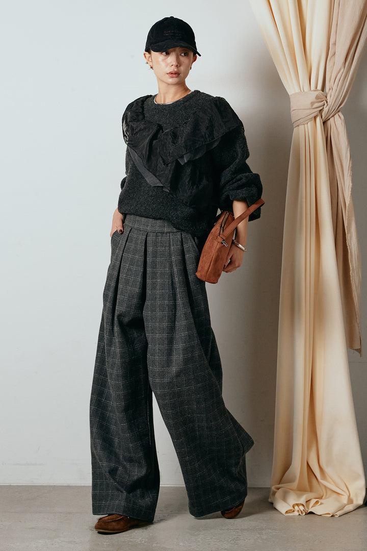 [SET]アシンメトリーフリルニットトップス+ウールライクチェックタックパンツ(2set)